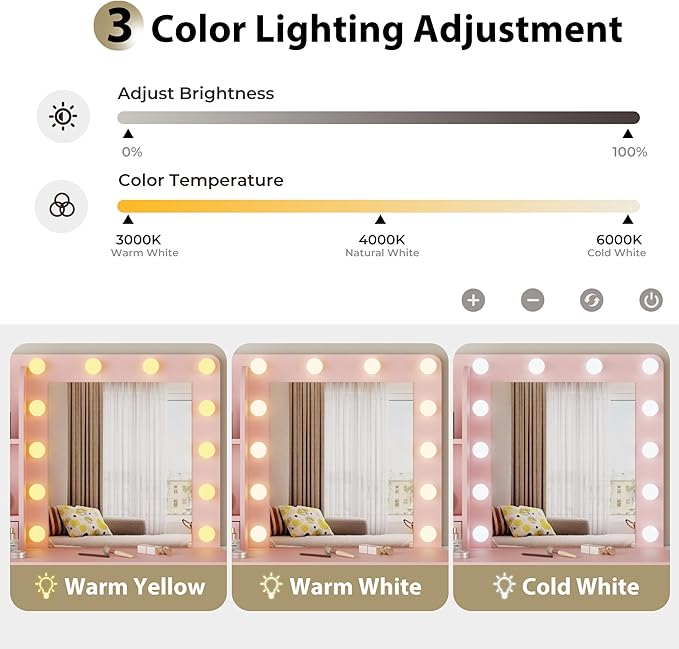 Vanity Desk with Mirror and Lights, 3 Adjustable Lighting Makeup Vanity Desk with 3 Storage Shelves, 5 Large Drawers and Power Outlet, Vanity with Chair for Bedroom, Pink