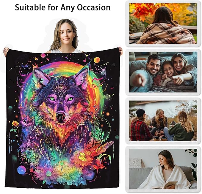 Wolf Blanket for Adults, Wolf Gifts for Women and Men, Perfect Animal Colorful Home Decor, Lightweight Fleece, 50x60 Inches