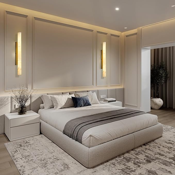 Brass Alabaster Wall Sconces, Spanish Natural Marble Wall Sconce, 36" Long Stone Wall Sconce Dimmable, Gold Alabaster Sconces Wall Lighting Indoor, Marble Wall Light for Bathroom, Living Room,Entryway