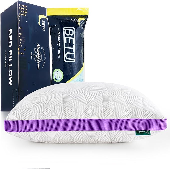 BETU Cooling Pillow King Size, Shredded Memory Foam Pillows for Hot Sleepers, Adjustable Firm Bed Pillows, Hotel Collection Side Sleeper Pillow for Back Pain, Neck, Purple, 20”x36”