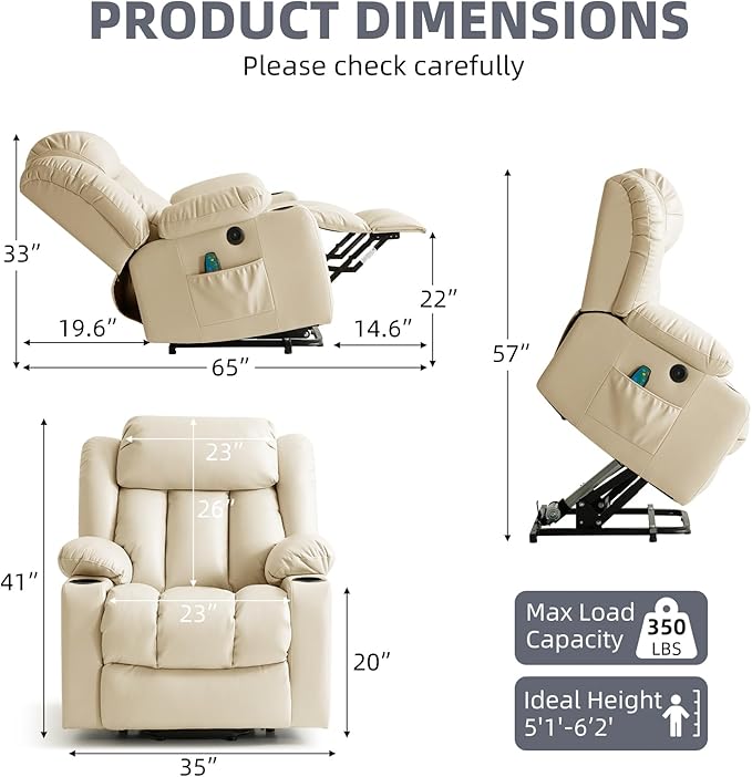 Power Lift Recliner Chair for Elderly, Electric Recliner Chairs for Adults with Massage and Heat, Cup Holders, Remote Control, USB Ports, Side Pockets, Leather (Cream)