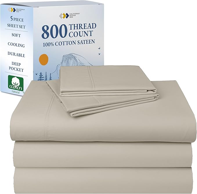 California Design Den Split King Sheet Set - Luxury 800 Thread Count, 100% Cotton Sateen, Bedding Set with Deep Pockets, Cooling & Softer Than Egyptian Cotton Sheets (Beige)