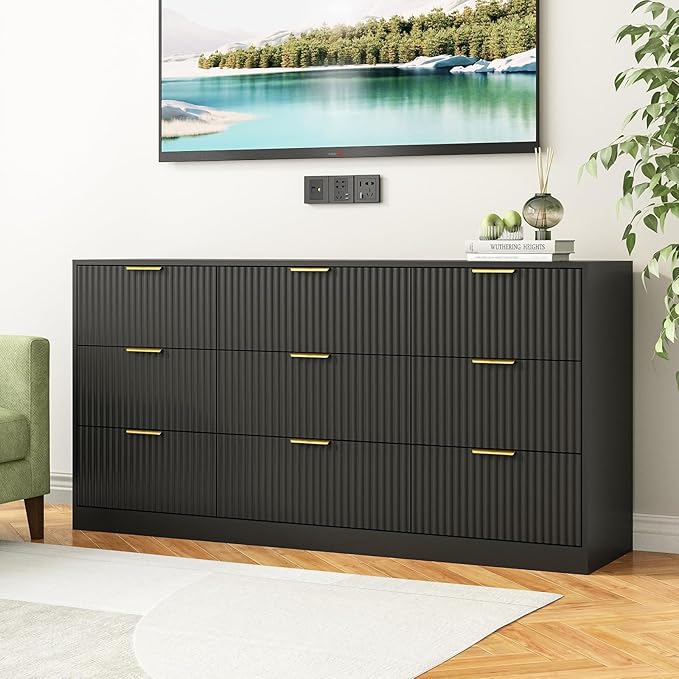 9 Drawer Dresser for Bedroom with Deep Drawers, 63" Wide Wood Dresser, Large Floor Chest of Drawers, Modern Long TV Stand, Storage Cabinet Side Table, Black