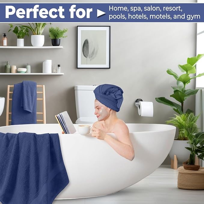 Pack of 8 Towels Set, 2 Large Bath Towels, 2 Hand Towels, 4 Wash Cloths, 100% Cotton, Lighter Weight, Quicker to Dry, Super Absorbent, Perfect for Bathroom (Navy)