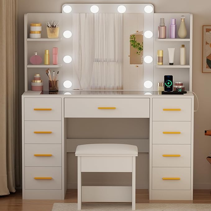 BEWISHOME Makeup Vanity Desk with Mirror and Lights White Vanity Table with Glass Top Power Outlet Stool,Makeup Desk with 9 Drawers and 4 Storage Shelves,Dressing Table for Bedroom Women FST39W