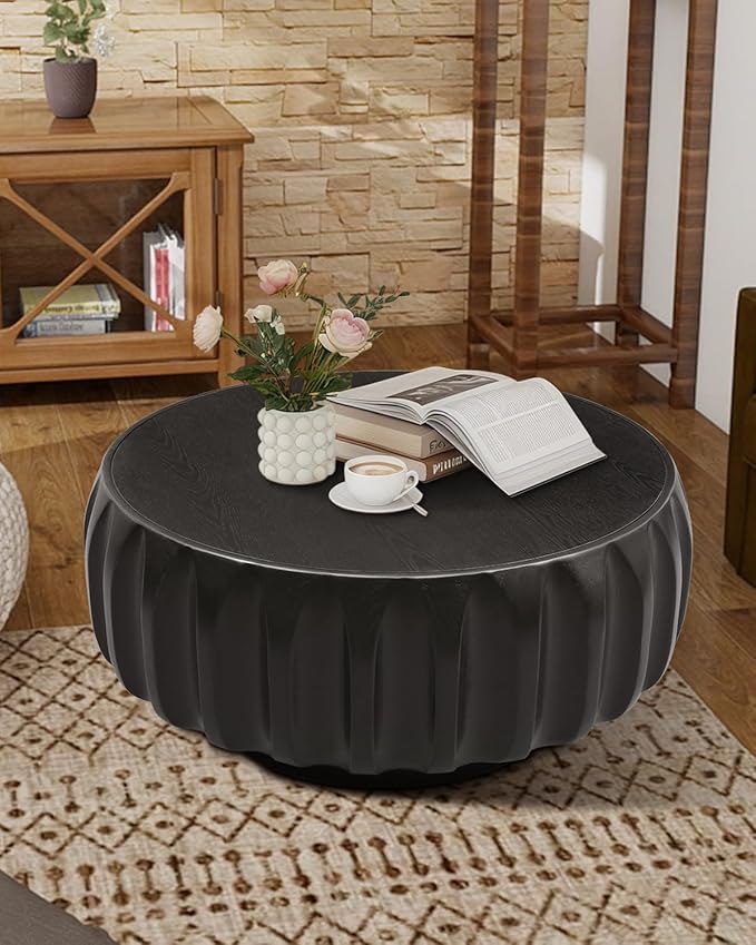 31.5" Drum Coffee Table Modern Unique Fluted Tea Table Contemporary Wood Round Coffee Table with Fluted Centry Table for Living Room Black