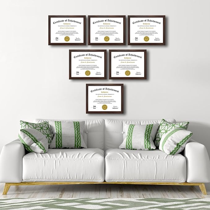 8.5x11 Picture Frames Certificate Document Frame Set of 6 with Real Glass, Diploma Frame for Wall Gallery or Tabletop display in Walnut