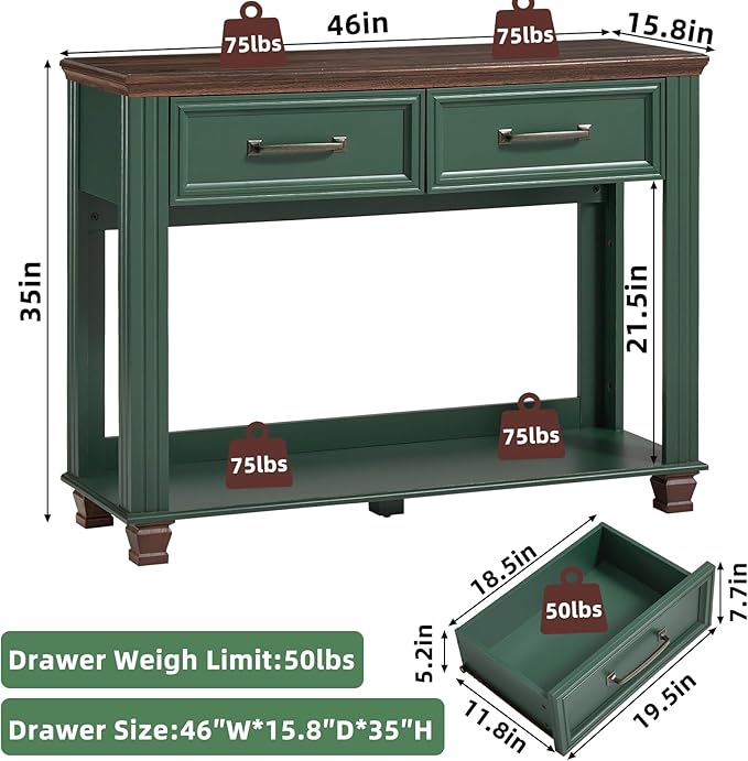 Farmhouse 46" Console Table with 2 Drawers, Rustic Wood 2 Tier Entryway Table with Open Storage Shelf for Entry, Large Mid-Century Vintage Sofa Tables Behind Couch for Living Room, Green
