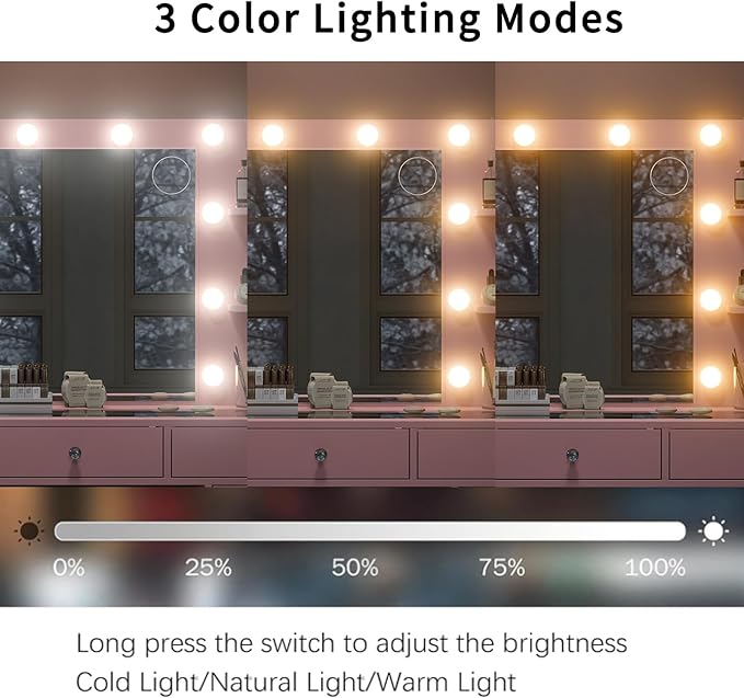 9 Drawers Vanity Desk & Power Outlet, Makeup Vanity with Mirror and 10 LED Lights, 3 Lighting Modes Brightness Adjustable, Makeup Table with 4 Shelves and Fold-up Panel, Vanity Set for Bedroom, Pink