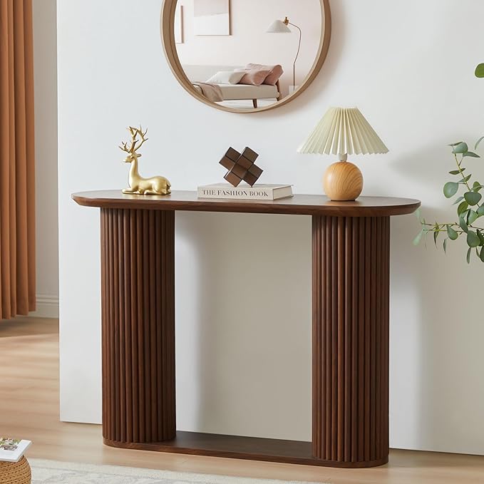 Fluted Console Table, Farmhouse Oval Curved Entryway Table with Storage and Fluted Wood Legs, Narrow Small Long Entry Sofa Table for Entrance, Hallway, Living Room (Walnut)