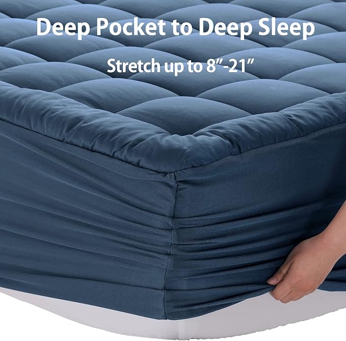 EASELAND Queen Size Mattress Pad Pillow Top Mattress Cover Quilted Fitted Mattress Protector 8-21" Deep Pocket Cooling Mattress Topper (60x80 Inches, Dark Blue)