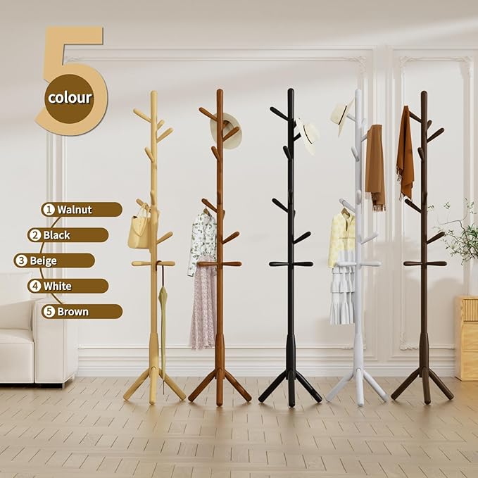 Solid Wood Coat Rack, Freestanding Tree-Shaped Coat Rack with 11 Hooks, Main Pole 1.6" dia for Clothes, Hat Stand Used in Bedroom/Office/Entryway (3-Leg Base, Brown)