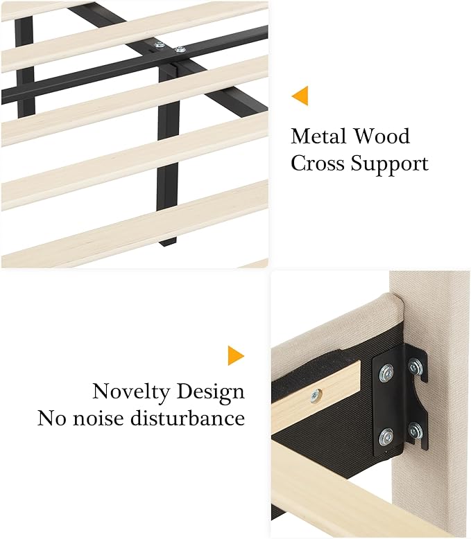 VECELO Full Size Platform Bed Frame with Fabric Upholstered Headboard and Wooden Slats Support, No Box Spring Needed/Easy Assembly,Light Beige