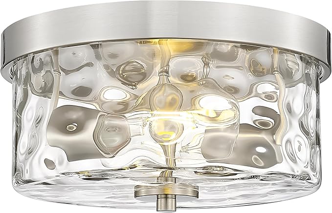 Emak Brushed Nickel Flush Mount Ceiling Light Fixture, Modern 11 inch Hallway Light Fixtures with Hammered Glass Shade, 2-Light Ceiling Lights for Bedroom, Bathroom, Hallway, Kitchen, FM082-BN-HG
