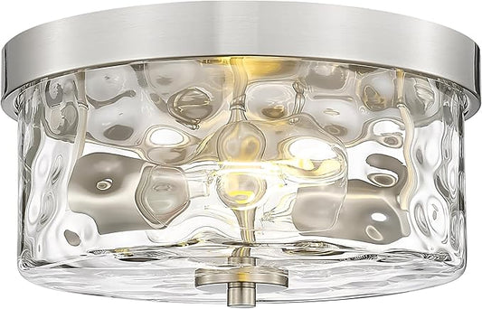 Emak Brushed Nickel Flush Mount Ceiling Light Fixture, Modern 11 inch Hallway Light Fixtures with Hammered Glass Shade, 2-Light Ceiling Lights for Bedroom, Bathroom, Hallway, Kitchen, FM082-BN-HG