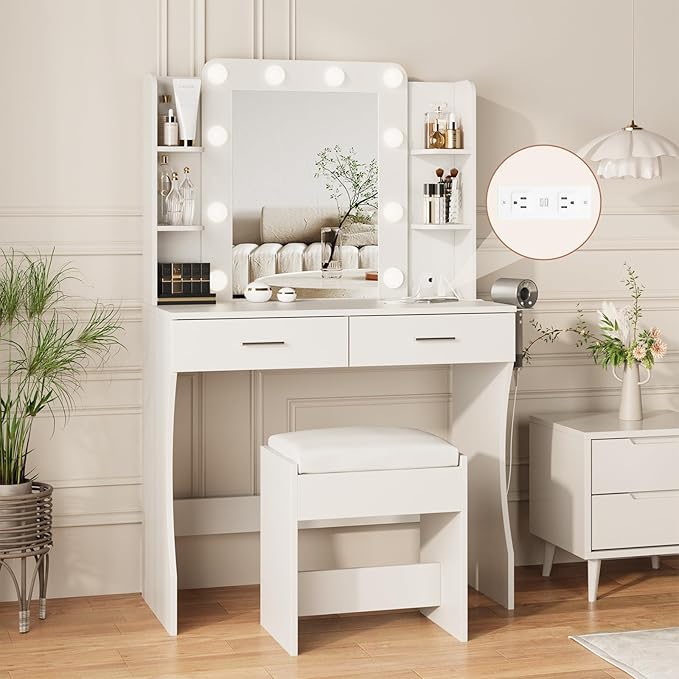Maupvit Vanity Desk with Mirror and Lights,Makeup Vanity Table Set with Power Outlet,3 Lighting Modes & Adjustable Brightness Dressing Table with 2 Drawers for Bedroom Dressing Room,White
