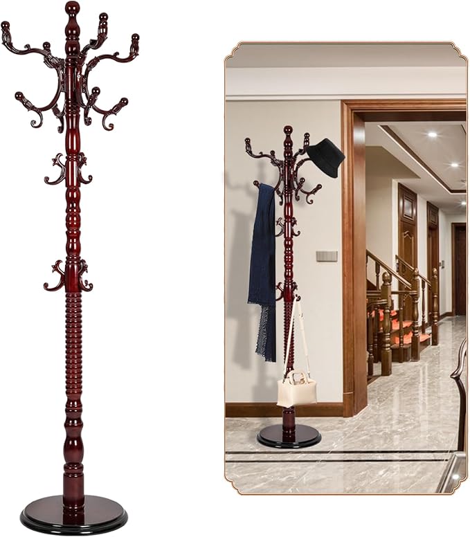 Coat Rack Freestanding, Wooden Tree Coat Rack Stand with 3 Adjustable Sizes Coat Tree and 14 Hooks, Sturdy Hall Tree with Solid Round Base for Entryway, Hallway,Bedroom (Reddish brown)