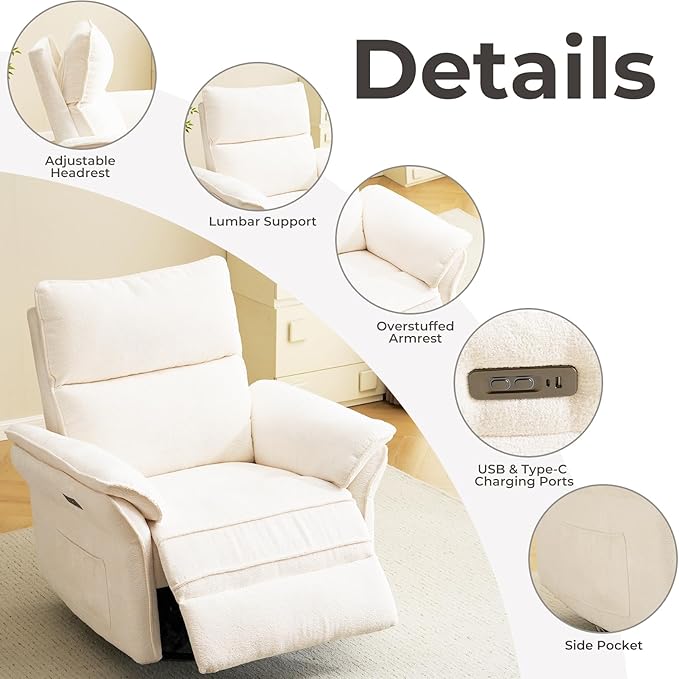 Oversized Power Recliner Chairs for Adults with Massage and Heat, Power Swivel Rocker Recliner Chair with Adjustable Headrest, 26" Extra Wide Rocker Nursery Recliner with USB Port, White
