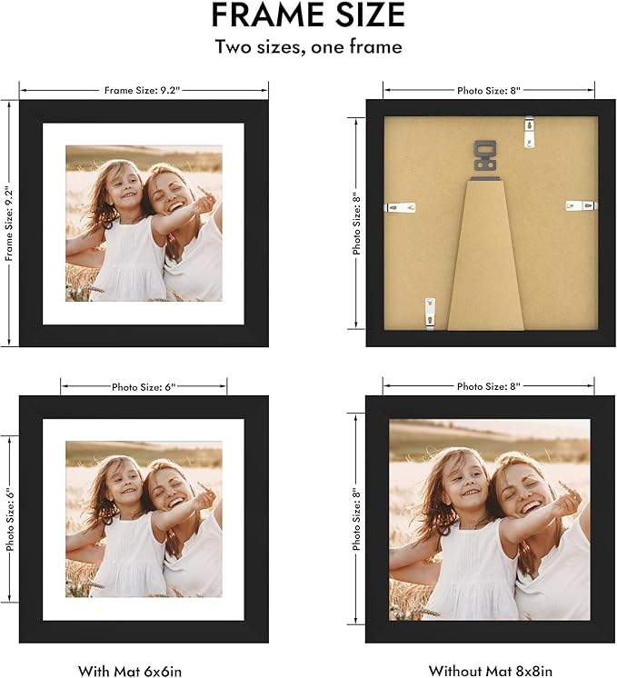 8x8 Picture Frame with Glass, Display Pictures 6x6 with Mat or 8 x 8 without Mat - Wall and Tabletop, 8 by 8 Photo Wooden Frames (Black, 1 Pack)