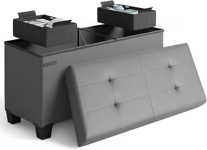 STORAGEBUD Storage Ottoman Bench with Bins, 30-in Storage Bench for Bedroom End of Bed, Folding Foot Rest Ottoman for Living Room Max 660lbs, Faux Leather Ottomans, Grey