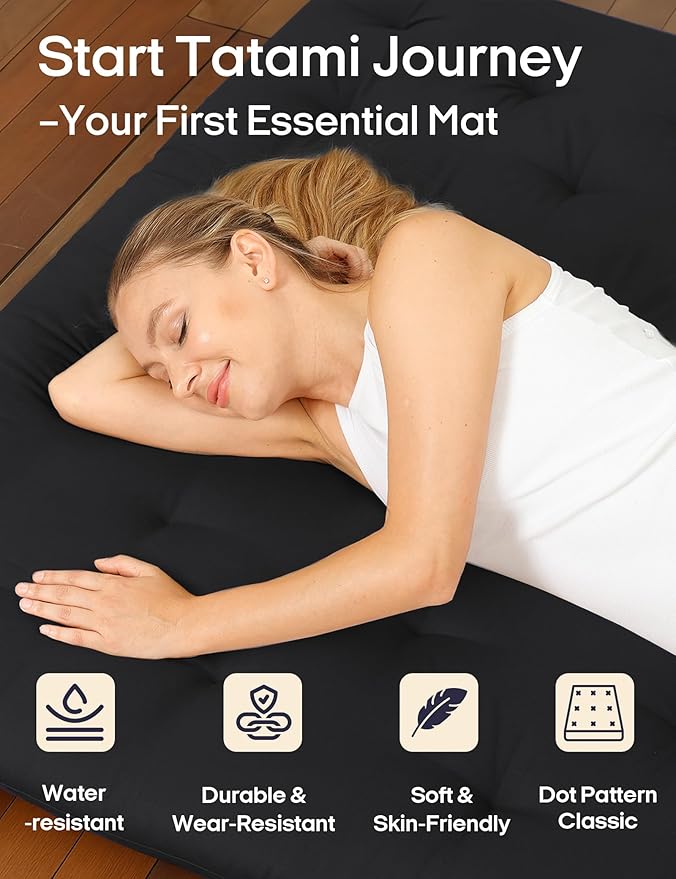 Syrinx Japanese Floor Futon Mattress, Foldable Tatami Sleeping Pad for Adults & Kids, Roll-Up Floor Bed or Bench Cushion