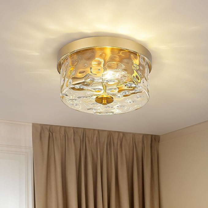 Emak Modern Brushed Gold Ceiling Light, 2-Light Ceiling Lights with Hammered Glass Shade, 11 Inch Flush Mount Light Fixture for Bedroom, Bathroom, Hallway, Kitchen, FM082-GD-HG