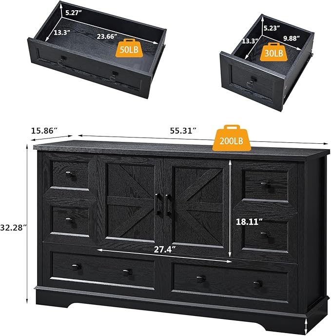 SOOWERY Dresser for Bedroom, Farmhouse Dresser with 6 Wooden Drawers and Storage Cabinet, 55 Inches Tall Chest of Drawers for Bedroom, Living Room, Hallway, Black