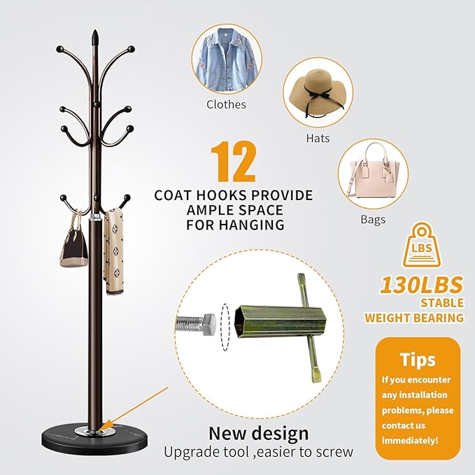 Metal Coat Rack Stand with Natural Marble Base, Coat Rack Freestanding, Free Standing Hall Tree with 12 Hooks for Hanging Clothes, Bags, Scarfs, Coat Hanger for Entryway, Hallway (Brown)