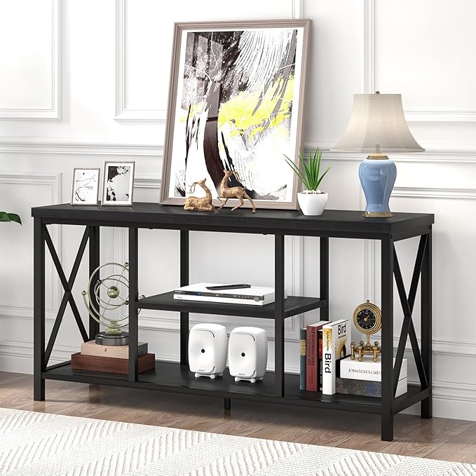 EXCEFUR Modern Entertainment Center for TVs up to 55 Inch, Wood TV Stands with Storage Shelves, Industrial Media TV Console Table for Bedroom Living Room, 47 Inch Black Oak