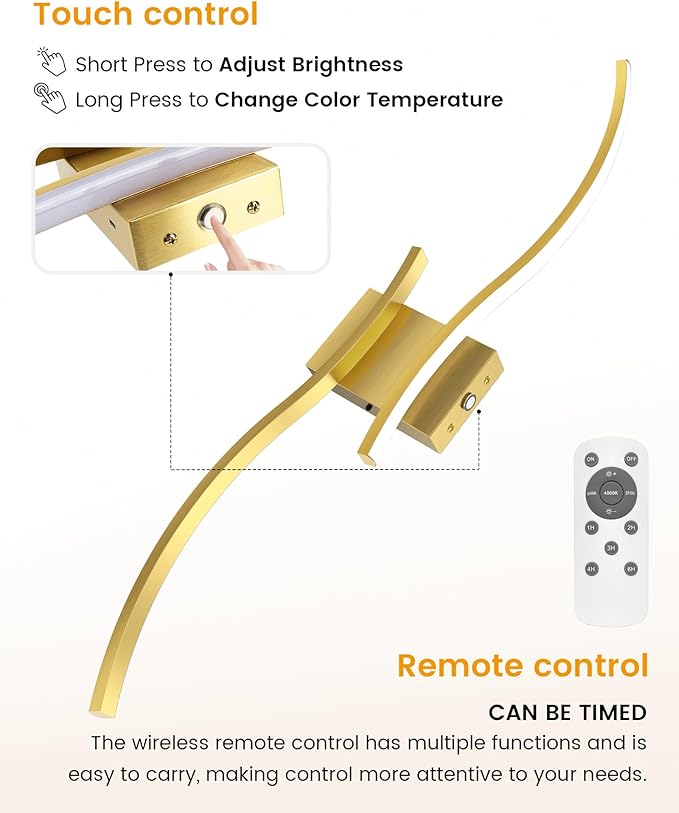 NIORSUN 27.6 Inch Battery Operated Wall Sconce Set of 2, Gold Modern Rechargeable Wall Lights with Remote, 3CCT Dimmable Wireless Wall Lamp for Living Room Bedroom Hallway