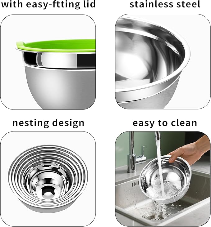 Lazycorner Stainless Steel Mixing Bowls with Airtight Lids Set of 7 Stainless Steel Bowls Set with 3 Grater Attachments Great for Serving & Baking