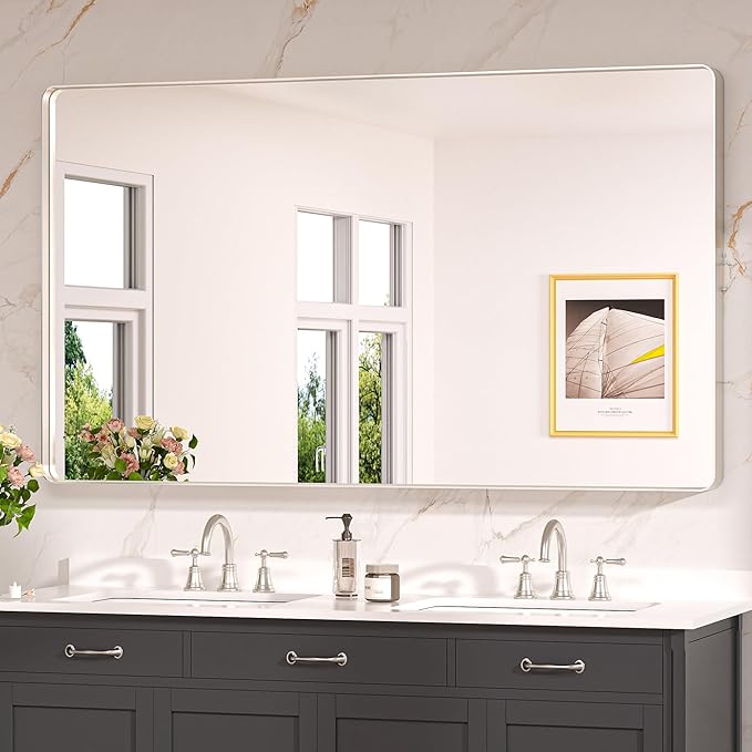 Keonjinn Brushed Nickel Mirror 60 x 36 Inch Large Silver Bathroom Mirror for Over Sink, Rounded Rectangle Farmhouse Vanity Mirror with Metal Frame, HD Tempered Glass Wall Mirror(Horizontal/Vertical)