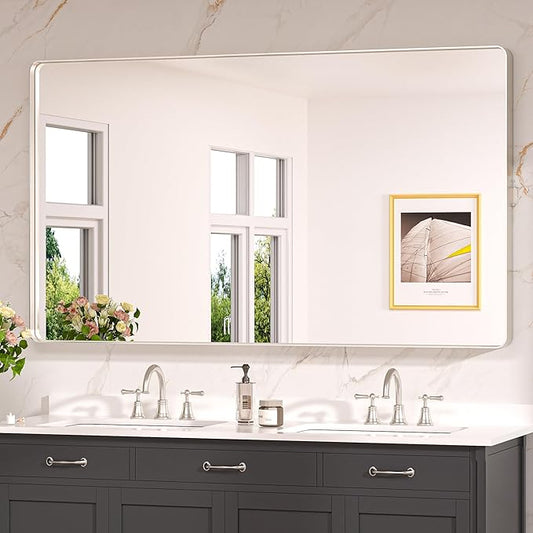 Keonjinn Brushed Nickel Mirror 60 x 36 Inch Large Silver Bathroom Mirror for Over Sink, Rounded Rectangle Farmhouse Vanity Mirror with Metal Frame, HD Tempered Glass Wall Mirror(Horizontal/Vertical)