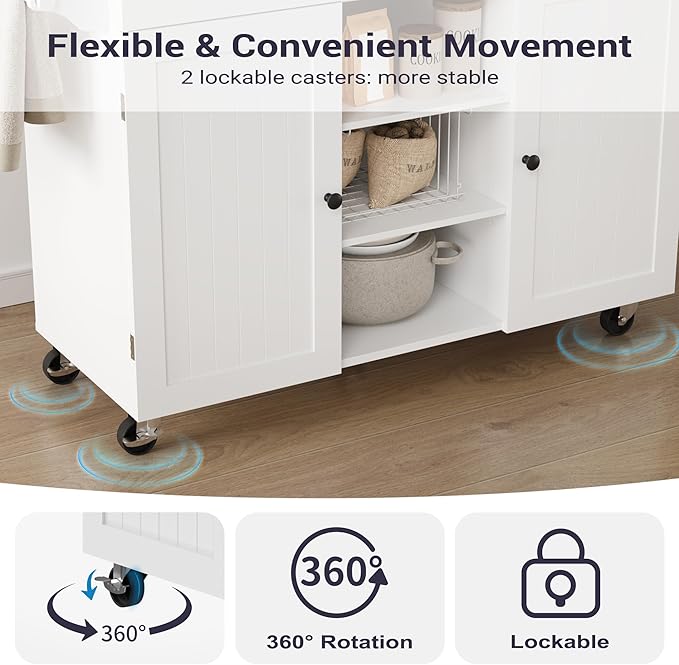 Kitchen Island On Wheels, Rolling Kitchen Island Cart with Drop Leaf and 2 Drawers, Mobile Kitchen Table Storage Cabinet with Tower Rack and Spice Rack for Dining Room, Kitchen, White