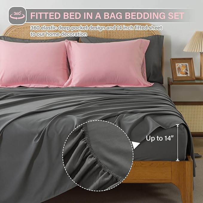 Cosybay Bed in a Bag King Comforter Sets 7pcs All Season Solid Down Alternative Bedding Sets Pink and Grey with Comforter, Pillow Shams, Flat Sheet, Fitted Sheet and Pillowcases