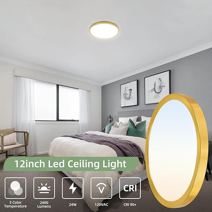hykolity 12 Inch Selectable CCT LED Round Flat Panel Light, 24W 3000K/4000K/5000K, Edge-Lit Flush Mount Ceiling Light Fixture for Kitchen, Bedroom, Laundry and Closet Room，Gold