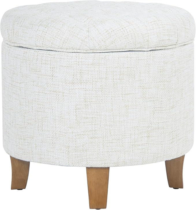 HomePop Home Decor | Upholstered Round Tufted Foot Rest Ottoman | Ottoman with Storage for Living Room & Bedroom | Decorative Home Furniture, Cream Textured Solid