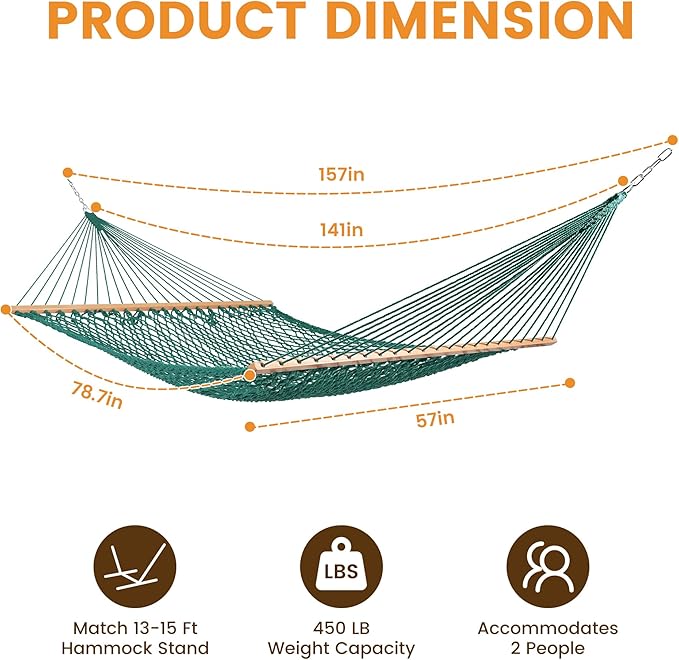 Lazy Daze Hammocks 12FT Double Rope Hammocks, Hand Woven Cotton Hammock with Pillow & Spreader Bar for Outside, Patio, Poolside, FIT 13-15 Foot Stand, Max 450 Lbs, Natural, 141 x 57 inches