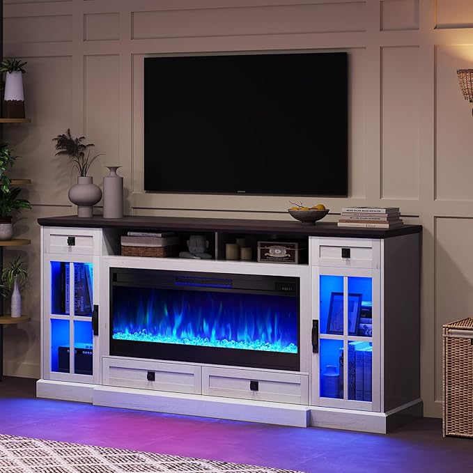 AMERLIFE 70“ Fireplace TV Stand for 80 Inch TV, Farmhouse TV Stand with 42" Fireplace & LED Lights, Entertainment Center with Storage Drawers & Cabinets, Antique White