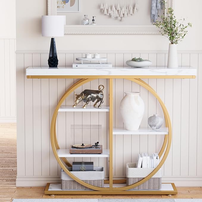 41.3" Console Table for Entryway, Industrial Hallway Sofa Table with Storage Shelves, Narrow Accent Decor Living Room Furniture with Circle Base for Foyer, Entrance, White Gold
