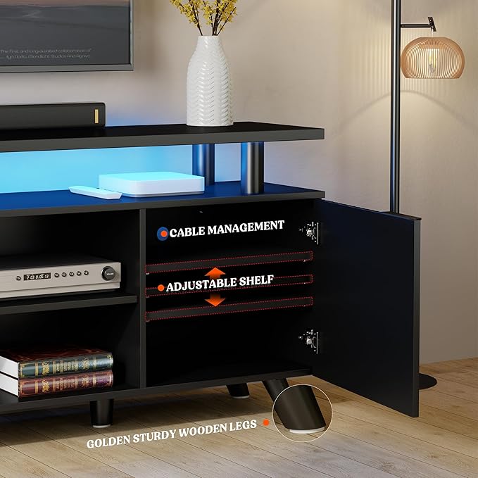 Lulive Modern TV Stand for 55/60/65/70 inch Television, Entertainment Center with Wooden Storage Cabinets and Power Outlet, Black Media Console for Living Room Bedroom (Black)