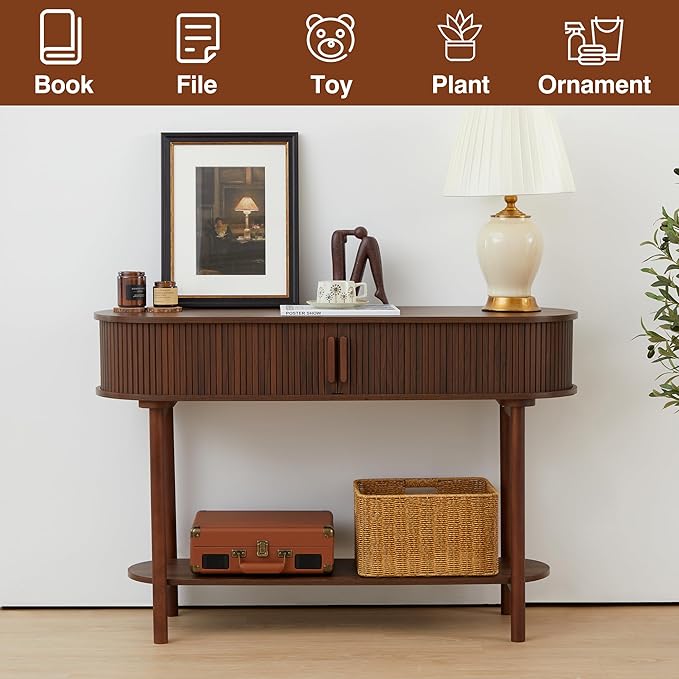 Console Table with Storage, 2-Tier Modern Sofa Table for Living Room, Entryway Table with Sliding Door and Open Storage Shelf, Hallway Table and Couch Tables Behind Sofa (Walnut)