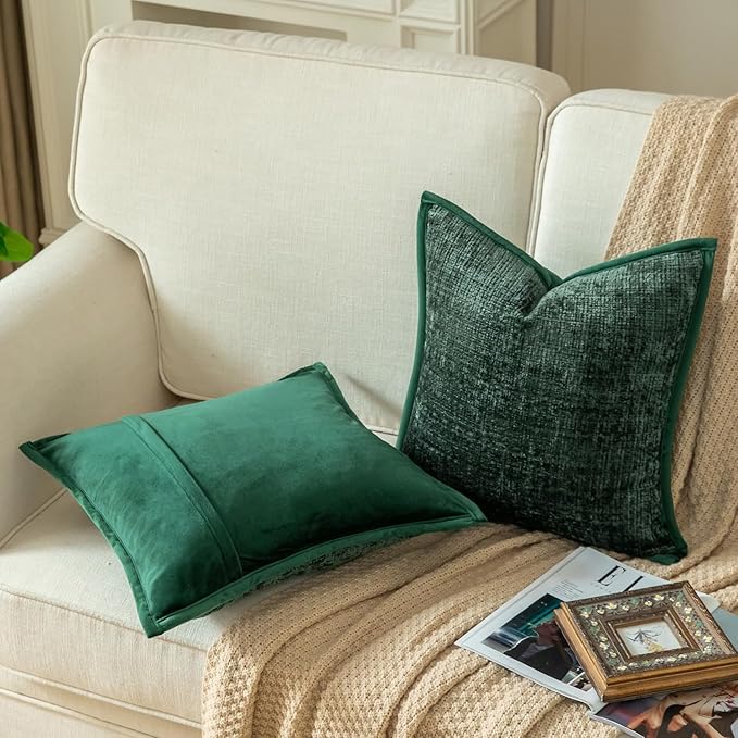 Yaertun Pack of 2 Chenille Textured Decorative Throw Pillow Covers Accent Solid Cushion Cover Soft Cozy Pillow Case with Velvet Back for Couch Sofa Bed Living Room 16x16 Inch Green