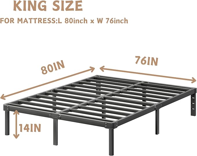 ZIYOO 14 Inch King Size Metal Platform Bed Frame with Heavy-Duty Steel Slat Support, No Box Spring Needed, Under Bed Storage Space, Easy Assembly, Noise-Free, Sturdy & Durable, Black