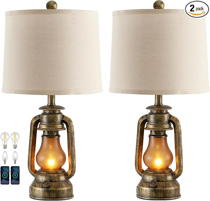 RORIANO Set of 2 Farmhouse Lantern Table Lamps for Living Room with 2 USB Charging Ports, Rustic Vintage Nightstand Lamps with Nightlight for Bedroom End Table Entryway, 4 Bulb Included