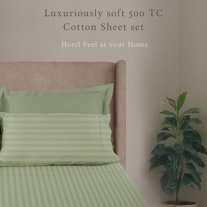 Threadmill 500 Thread Count Twin Size Damask Stripe, 3 Pc Luxury Cotton Sheet Set, Breathable & Silky Soft Sage Green Sheets with 15" Elasticized Deep Pocket, 1 Pillowcase & Free Tote Bag