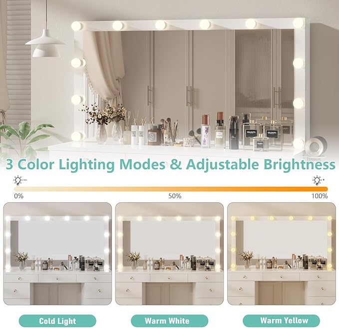 Likein Vanity Desk with Mirror and Lights, White Vanity with Jewelry Storage Cabinet, Makeup Dressing Table with 11 Drawers, Charging Station, Crystal Knobs, 3 Color Lighting Modes for Women, Girls