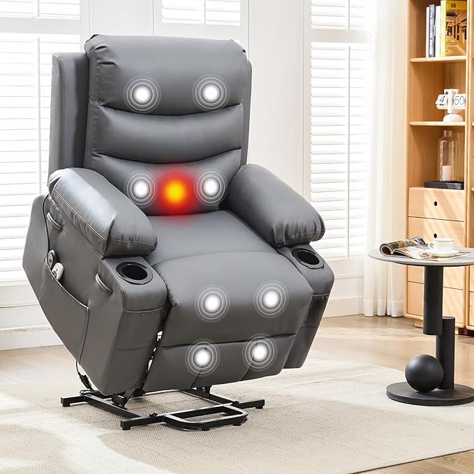 Power Lift Recliner PU Chair for Elderly, with Massage & Heat, Big and Tall Living Room or RV Single Sofa for Adults, 135° Reclining Accent Chairs, 2 Cup Holders and Side Pockets (Gray Leather)