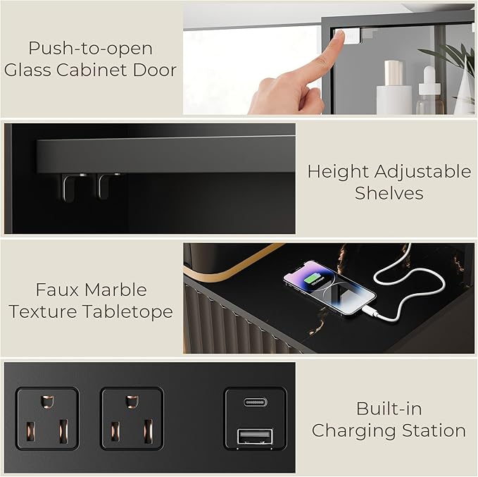 RECCI Fluted Vanity Desk with 36" Mirror and Lights, Makeup Vanity Desk with Glass Top, Dressing Table with 5 Drawers & Shelves, Wood Vanity Table for Bedroom(Black)