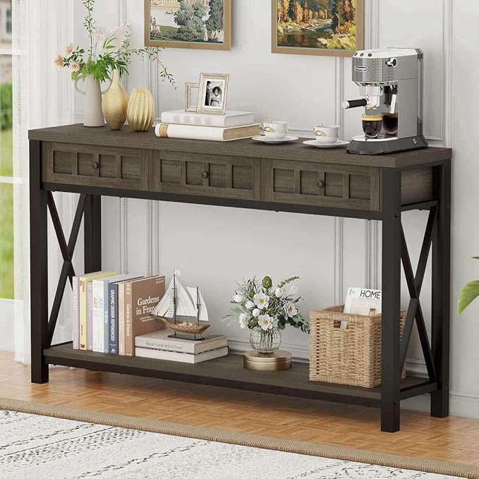 FATORRI Console Sofa Table for Entryway, Entry Way Table with Storage and 3 Drawers for Living Room, Farmhouse Foyer Tables for Hallway, Front Door, Living Room (54.72 Inch Long, Walnut Brown)
